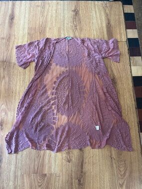 REBELLION Lace Floral Open Front Kimono Cardigan - Dusty Rose